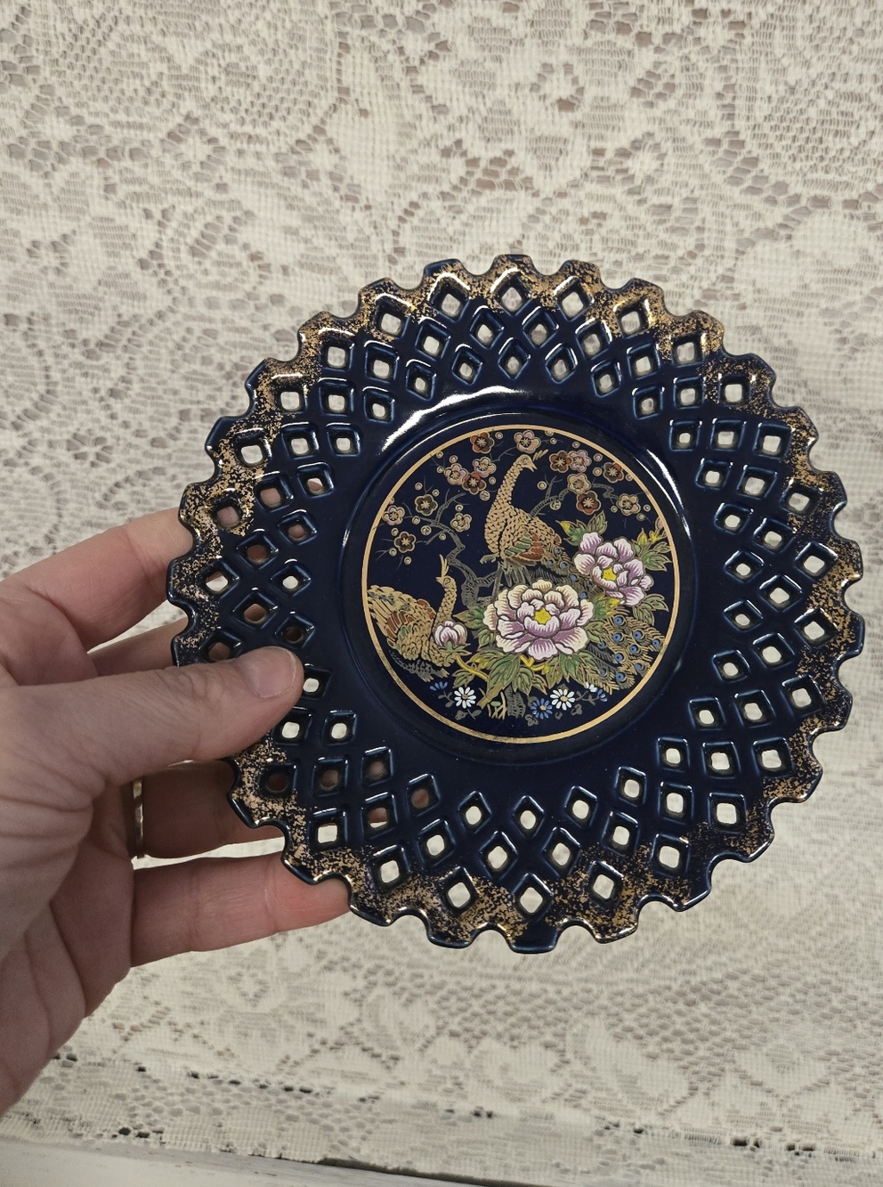 Vintage Cobalt Blue Peacock Decorative Plate Japan
